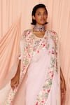 Pankaj & Nidhi_Pink Silk Georgette Embellished Floral Garden Cape Inverness And Saree Set _Online_at_Aza_Fashions