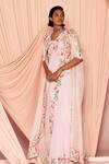 Buy_Pankaj & Nidhi_Pink Silk Georgette Embellished Floral Garden Cape Inverness And Saree Set _at_Aza_Fashions