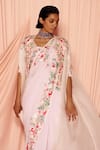 Shop_Pankaj & Nidhi_Pink Silk Georgette Embellished Floral Garden Cape Inverness And Saree Set _at_Aza_Fashions