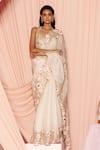 Pankaj & Nidhi_Ivory Silk Organza Applique Floral Garden Plunge Neck Miera Saree With Blouse _Online_at_Aza_Fashions