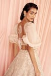 Buy_Pankaj & Nidhi_Beige Tulle And Silk Organza thea Encrusted Lehenga With Puff Sleeve Blouse _Online_at_Aza_Fashions