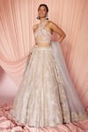 Buy_Pankaj & Nidhi_Grey Brocade And Silk Organza Applique Vera Embellished Lehenga And Blouse Set _at_Aza_Fashions