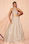 Shop_Pankaj & Nidhi_Grey Brocade And Silk Organza Applique Vera Embellished Lehenga And Blouse Set _at_Aza_Fashions