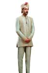 Buy_Masaba_Green Koti Heavy Raw Silk Embroidery Amaltas The Kashni Raja Jacket And Pant Set _Online_at_Aza_Fashions