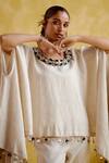 Buy_5Elements_Beige Linen Placement Embroidery Thread Zephyr Exaggerated Sleeve Top With Pant 