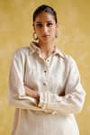 5Elements_Beige Linen Placement Embroidery Khodi Collared Pearl Long Tunic With Pant _at_Aza_Fashions