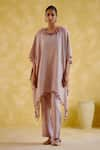 Buy_5Elements_Pink Linen Placement Embroidery Thread Round Popsicle Asymmetric Tunic With Pant _at_Aza_Fashions