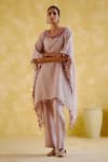 Buy_5Elements_Pink Linen Placement Embroidery Thread Round Popsicle Asymmetric Tunic With Pant _Online_at_Aza_Fashions