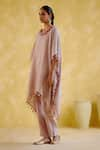 Shop_5Elements_Pink Linen Placement Embroidery Thread Round Popsicle Asymmetric Tunic With Pant _Online_at_Aza_Fashions