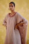 Buy_5Elements_Pink Linen Placement Embroidery Thread Round Popsicle Asymmetric Tunic With Pant 