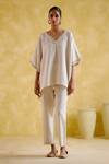 Buy_5Elements_Beige Linen Placement Embellished Cowrie Shell V Neck Flora Tunic With Pant _at_Aza_Fashions