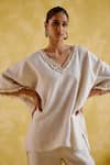 5Elements_Beige Linen Placement Embellished Cowrie Shell V Neck Flora Tunic With Pant _at_Aza_Fashions