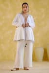 Buy_5Elements_White Linen Placement Embellished Tassel V Neck Moonlight Peplum Tunic With Pant _at_Aza_Fashions