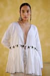 5Elements_White Linen Placement Embellished Tassel V Neck Moonlight Peplum Tunic With Pant _at_Aza_Fashions