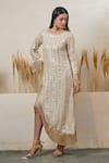 Buy_Akanksha Mago_Ivory Georgette Embroidered Zari Round High Low Tassel Dress _at_Aza_Fashions