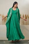 Akanksha Mago_Green Cape Satin Embroidered Zari Round Gown With Floral Work _Online_at_Aza_Fashions