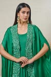 Akanksha Mago_Green Cape Satin Embroidered Zari Round Gown With Floral Work _at_Aza_Fashions