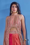 Shop_Akanksha Mago_Peach Georgette Embroidered Zari High Round Low Biker Jacket And Draped Skirt Set _Online_at_Aza_Fashions