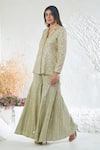 Akanksha Mago_Green Georgette Embroidered Zari Lapel Collar Jacket Kurta And Sharara Set _at_Aza_Fashions