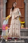 Buy_Farha Syed_Beige Chanderi Silk, Organza, Gingham Beads, Floral Thread Anarkali Palazzo Set _at_Aza_Fashions