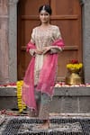 Buy_Farha Syed_Beige Chanderi Silk, Gabardine, Organza Floral Thread Cutwork Kurta Palazzo Set _at_Aza_Fashions