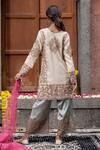 Shop_Farha Syed_Beige Chanderi Silk, Gabardine, Organza Floral Thread Cutwork Kurta Palazzo Set _at_Aza_Fashions