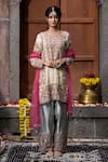 Farha Syed_Beige Chanderi Silk, Gabardine, Organza Floral Thread Cutwork Kurta Palazzo Set _Online_at_Aza_Fashions
