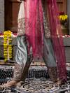 Shop_Farha Syed_Beige Chanderi Silk, Gabardine, Organza Floral Thread Cutwork Kurta Palazzo Set _Online_at_Aza_Fashions