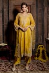 Buy_Farha Syed_Yellow Kurta Chanderi Silk Tissue Embroidered Bead Dori Floral Swirl Pant Set _at_Aza_Fashions