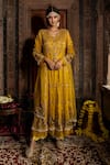 Buy_Farha Syed_Yellow Chanderi Silk, Organza, Gingham, Floral Vine Anarkali Palazzo Set _at_Aza_Fashions