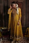 Farha Syed_Yellow Chanderi Silk, Organza, Gingham, Floral Vine Anarkali Palazzo Set _Online_at_Aza_Fashions