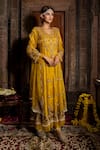 Shop_Farha Syed_Yellow Chanderi Silk, Organza, Gingham, Floral Vine Anarkali Palazzo Set _Online_at_Aza_Fashions