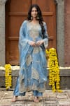 Buy_Farha Syed_Blue Chanderi Silk, Organza, Gingham Beads, Cut Vine Dori Kurta Palazzo Set _at_Aza_Fashions