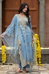 Farha Syed_Blue Chanderi Silk, Organza, Gingham Beads, Cut Vine Dori Kurta Palazzo Set _Online_at_Aza_Fashions