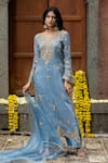 Buy_Farha Syed_Blue Chanderi Silk, Organza, Gingham Beads, Cut Vine Dori Kurta Palazzo Set _Online_at_Aza_Fashions