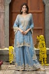 Buy_Farha Syed_Blue Chanderi Silk, Organza, Taffeta Embroidery, Floral Swirl Kurta Sharara Set _at_Aza_Fashions