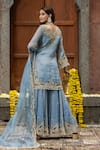 Shop_Farha Syed_Blue Chanderi Silk, Organza, Taffeta Embroidery, Floral Swirl Kurta Sharara Set _at_Aza_Fashions