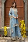Farha Syed_Blue Chanderi Silk, Organza, Taffeta Embroidery, Floral Swirl Kurta Sharara Set _Online_at_Aza_Fashions