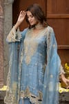 Farha Syed_Blue Chanderi Silk, Organza, Taffeta Embroidery, Floral Swirl Kurta Sharara Set _at_Aza_Fashions