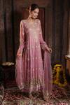 Buy_Farha Syed_Pink Chanderi Silk, Gingham, Organza Beads, Swirl Cutwork Anarkali Palazzo Set _at_Aza_Fashions