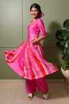 PRACHI KAMAT_Pink Chanderi Print Striped Folk Art Choli Neck Anarkali Set _Online_at_Aza_Fashions