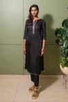 PRACHI KAMAT_Black Linen Satin Print Lily V Neck Embroidered Kurta Pant Set _Online_at_Aza_Fashions