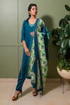 Buy_PRACHI KAMAT_Blue Linen Satin Print Kamal Choli Neck Embroidered Back Kurta Pant Set _at_Aza_Fashions