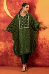 Buy_PRAHNAAYA_Green Kurta Satin Silk Handblocked Ajrakh Hand Embroidered Sitara With Pant _Online_at_Aza_Fashions