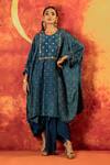 Buy_PRAHNAAYA_Blue Kurta Satin Silk Handblocked Ajrakh Hand Sitara With Draped Skirt _at_Aza_Fashions