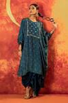 Buy_PRAHNAAYA_Blue Kurta Satin Silk Handblocked Ajrakh Hand Sitara With Draped Skirt _Online_at_Aza_Fashions