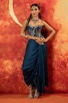 Buy_PRAHNAAYA_Blue Vegan Satin Hand Embroidered Gold Sequin Luna Corset Blouse With Skirt _at_Aza_Fashions