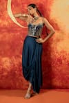 Shop_PRAHNAAYA_Blue Vegan Satin Hand Embroidered Gold Sequin Luna Corset Blouse With Skirt _at_Aza_Fashions