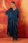 Buy_PRAHNAAYA_Blue Vegan Satin Hand Embroidered Saba Festive Blocked Kaftan Tunic With Skirt _at_Aza_Fashions