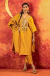 Buy_PRAHNAAYA_Yellow Vegan Satin Embroidery Gota V-neck Sequin Yoke Kurta With Straight Pant _at_Aza_Fashions